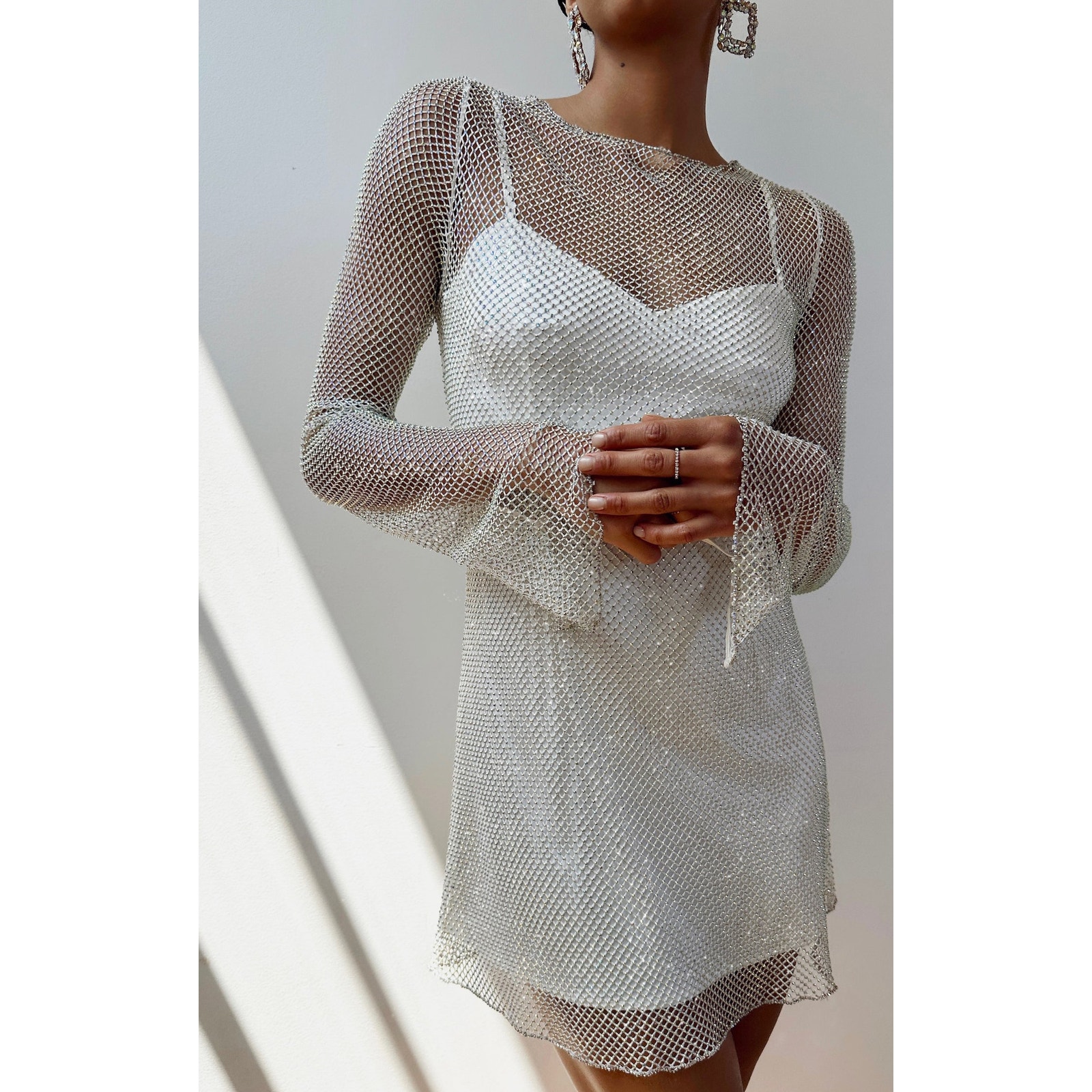 Show Me Your Mumu Iconic Beaded Mini Dress In White Glitz Xl